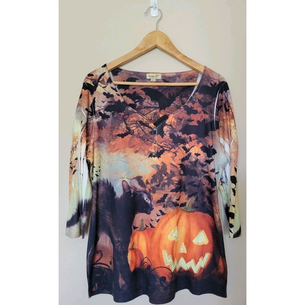 One World Black Cat Top Size XL Bat Halloween AOP Jewels Pumpkin Y2K Artsy Goth